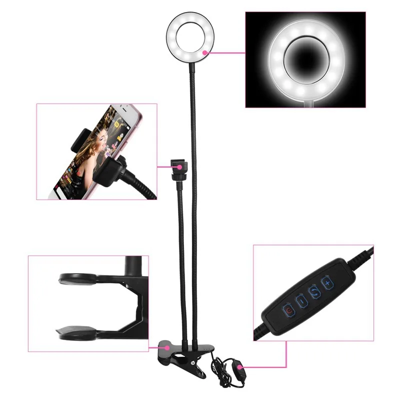 

360 Degree Rotation Mobile Phone Bracket USB Powered With Ring Light L Photography 3 Modes Dimmable LED Selfie Light Adjustable