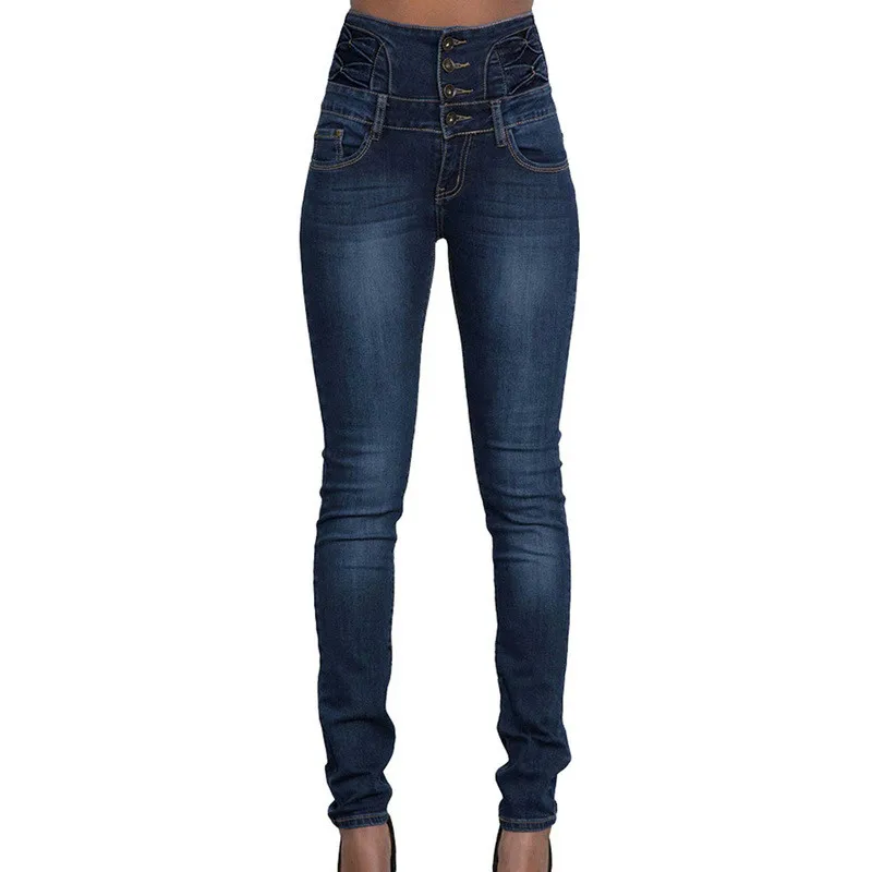 dark blue S-3XL женские весенние и осенние обтягивающие джинсы женские с высокой талией тонкие пуговицы стрейч повседневные джинсы - Цвет: dark blue