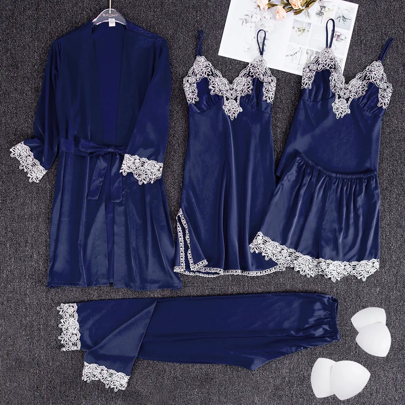 

Pajamas Female Summer Sexy Pajamas Five Pieces Set Satin Chiffon Robe Strap Nightgown with Chest Pad Home Services