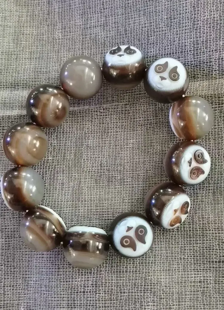 16 мм изысканные тибетские бусины дзи браслет Carven с фигуркой панды халцедон
