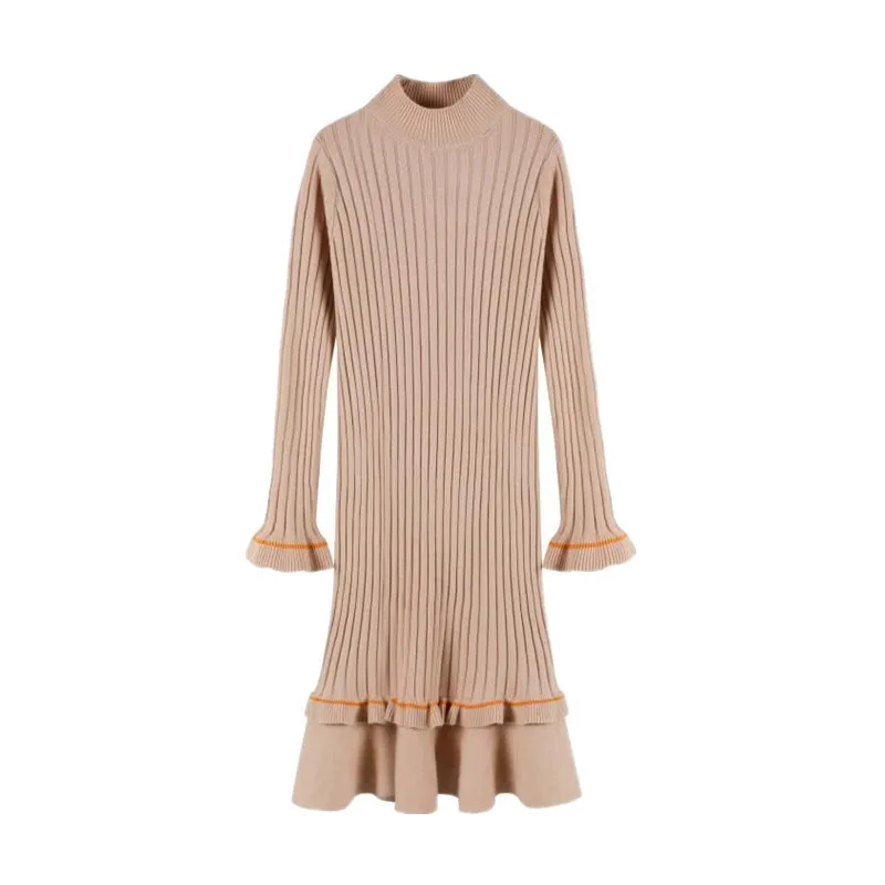 2021 autumn and winter thick warm knit dress female striped long paragraph trumpet sleeves bottom sweater skirt | Женская одежда