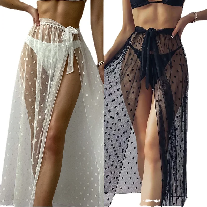 

2021 New Black Wave Point Strappy Long Skirt Long Wave Dot Mesh Hoodie Cover Up Beach Woman Beach Dress Bathing Suit Cover Ups