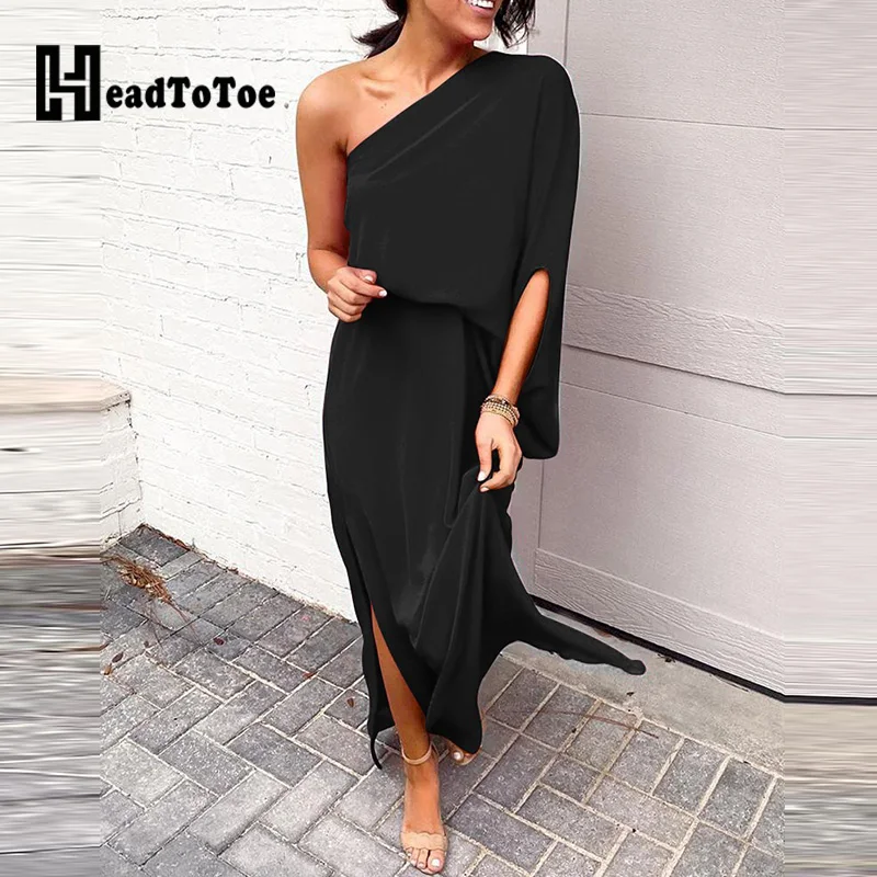 Женское однотонное платье на одно плечо повседневное летнее до щиколотки с