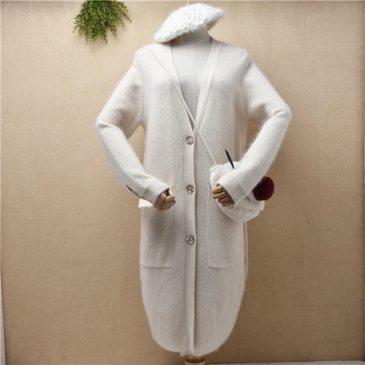 

Женская Толстая теплая трикотажная одежда из ангорской шерсти с V-образным вырезом и кроличьим мехом, белый длинный свитер, кардиган, Ангорс...