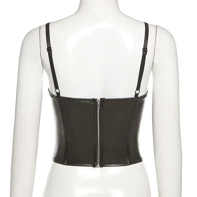 

2021 New Arrivals Summer Fashion Spaghetti Strap V Neck PU Leather Bodycon Solid High Street Women Tops Camis