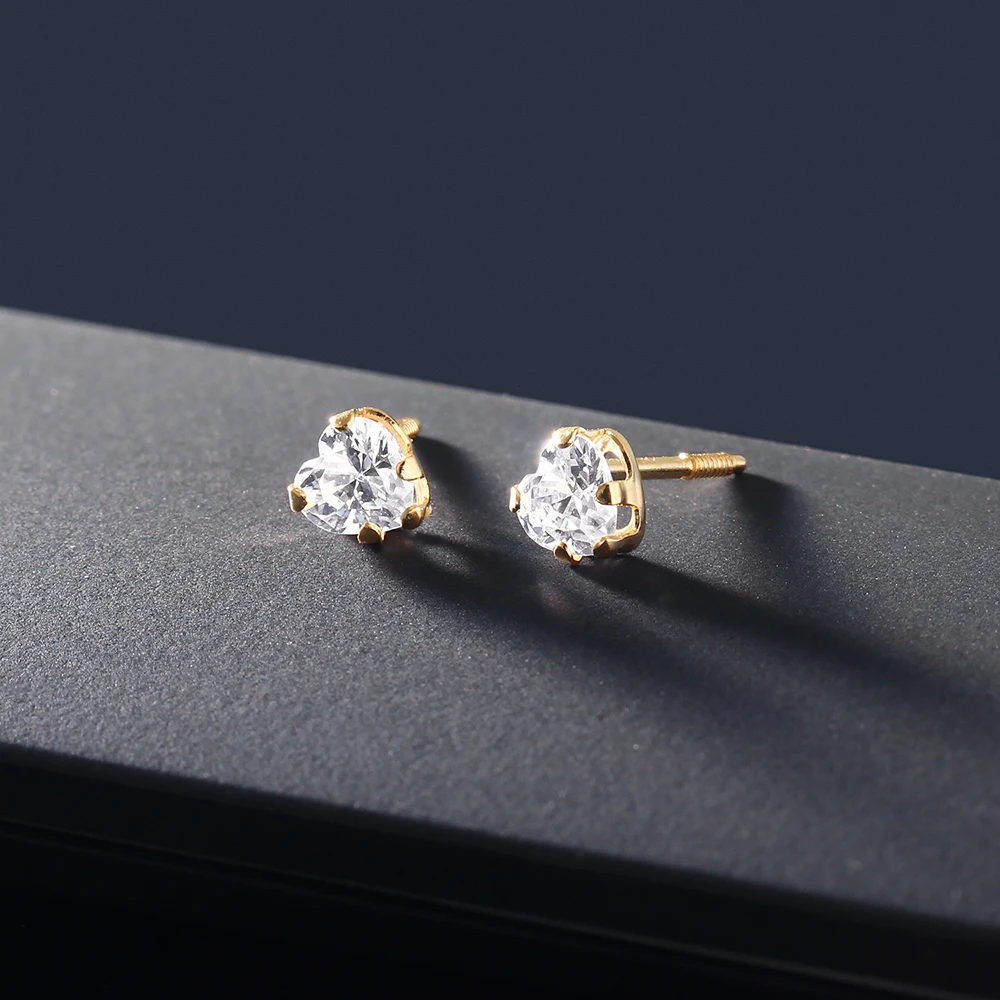 Серьги-гвоздики GemStoneKing 14K желтое золото 3 мм в форме сердца белые CZ с винтовой