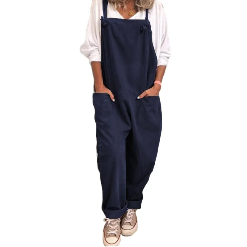 Jumpsuit women pure color suspenders casual loose trousers high waist large size jeans vintage fashion pants cotton linen fabric
