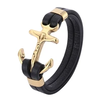 men jewelry gold color stainless steel jesus christ cross anchor leather bracelets bangles fashion wristband jewelry gift pd0783