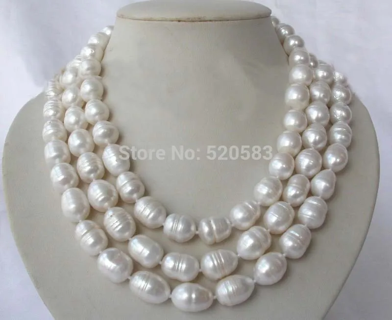 

stunning 3rows big 11-13mm baroque white freshwater cultured pearl necklace AAA