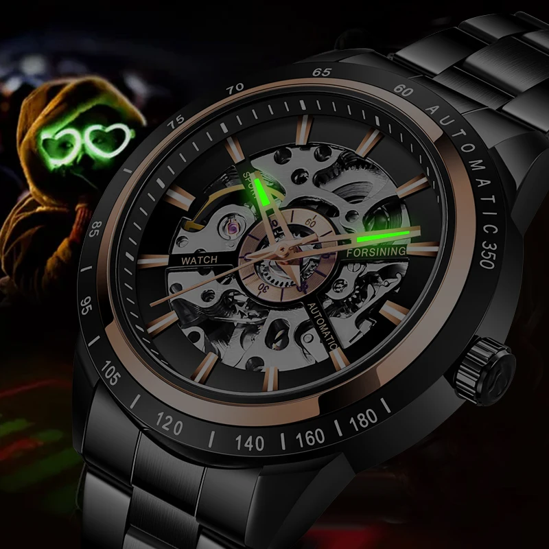 Модные мужские механические часы FORSINING черный скелет Мужские Аналоговые