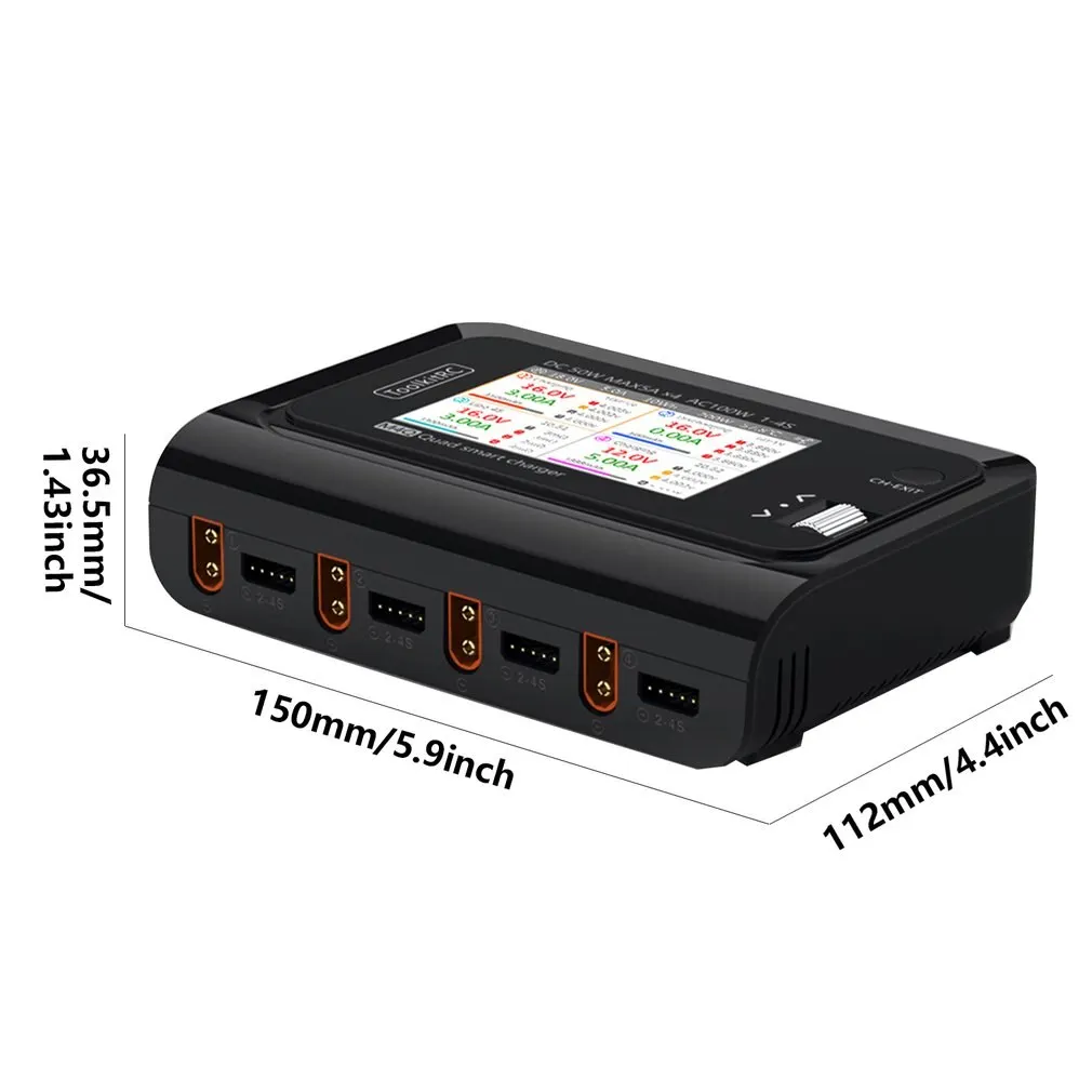 

ToolkitRC M4Q DC 50w 5A 1-4S AC 100W 4 Ports XT60 DC Smart Charger IPS Bright Clear Wide Angle Display Version With EU Plug