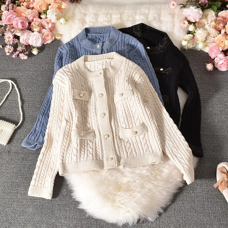 

autumn winter Casual Pearl Button Women Cardigan Knitted Vintage Top Knitwear O Neck Long Sleeve Loose Sweater