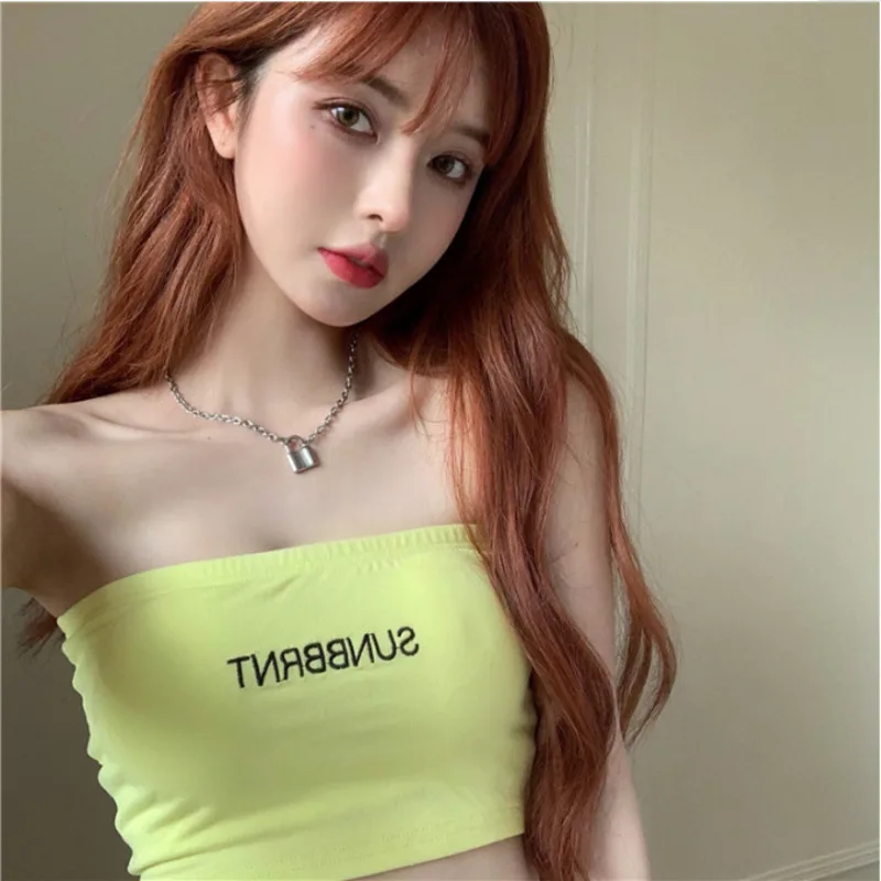 

WOMENGAGA Summer Korean Version Letter Simple Solid Color Ultrashort Strapless Tube Tops Women Off Shoulder Crop Top D5TD