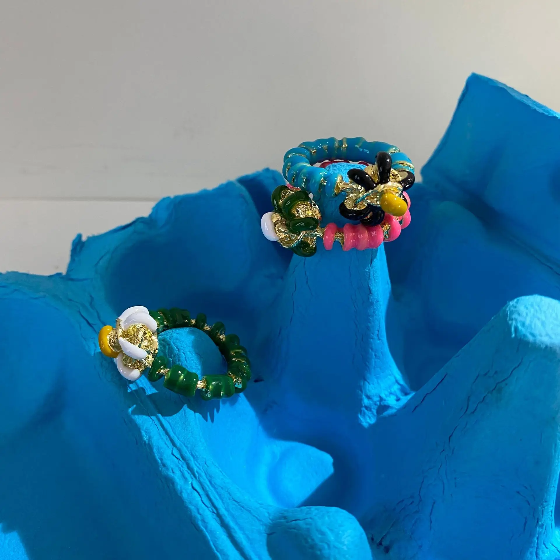 

Irregular with Personality Colorful Enamel Flower Personality Beaded Ring Temperament Elegant Design Sense Ring