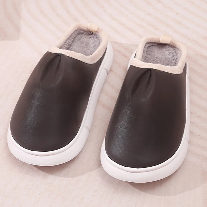 

Women Waterproof Leather Slippers Pleated Fur Splicing Home Slipper Ladies Outdoor Shoes Winter Indoor Warm Plush Couples Slides