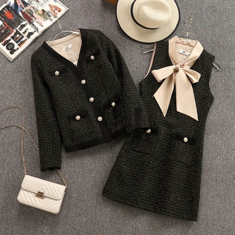 Mozuleva женские твид набор v образный ворот жемчужными пуговицами куртка + Бант шарф