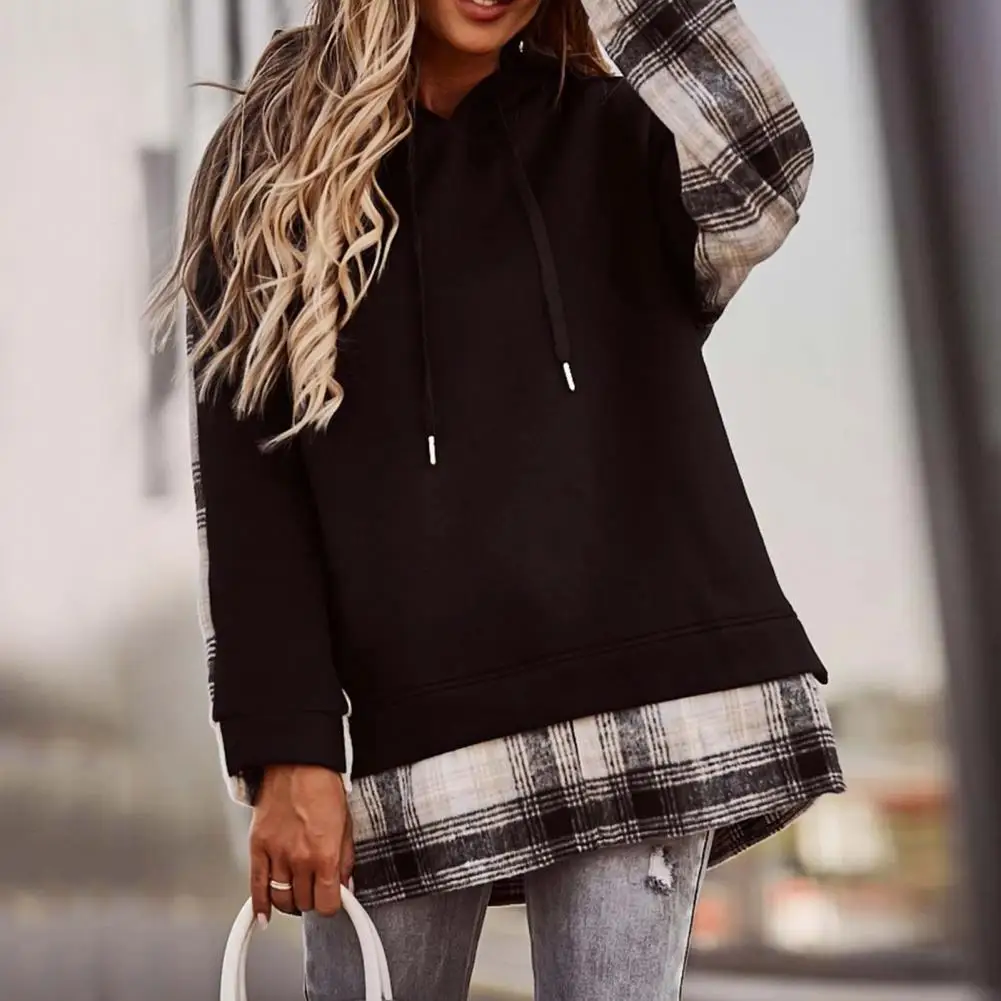 

Hoodie Autumn Winter Women Plaid Patchwork Hooded Sweatshirt Long Sleeve Loose Hoodie