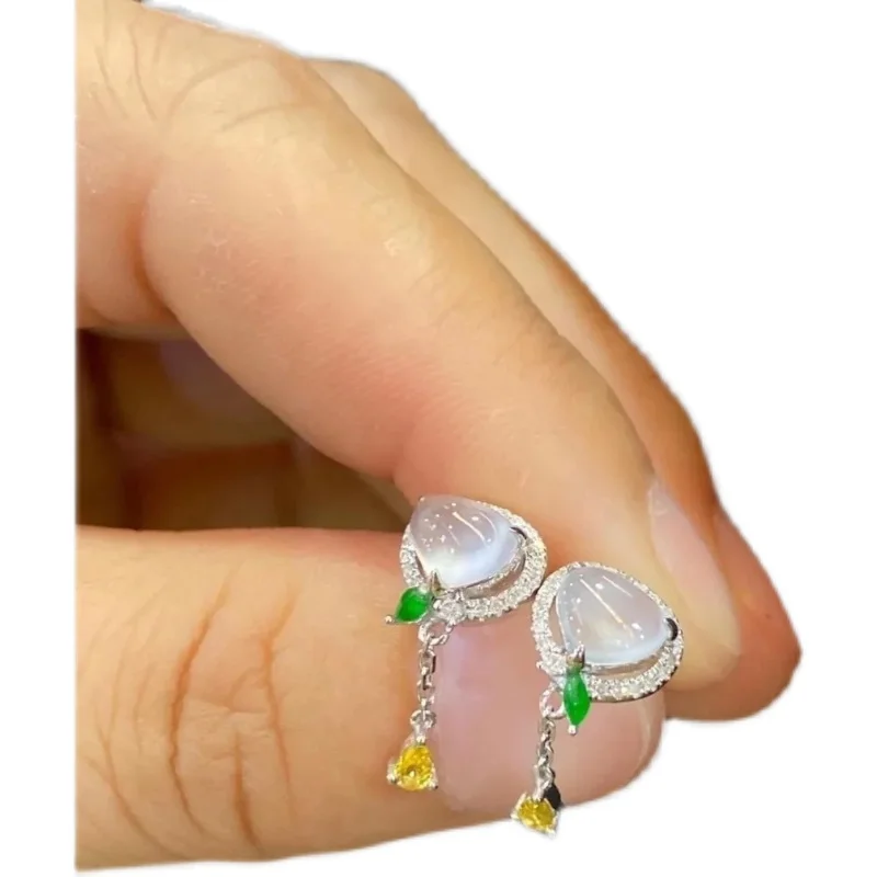 

Sweet Little Love Heart High Ice Transparent Chalcedony Stud Earrings S925 Sterling Silver Inlaid Small Yellow Diamond Simple