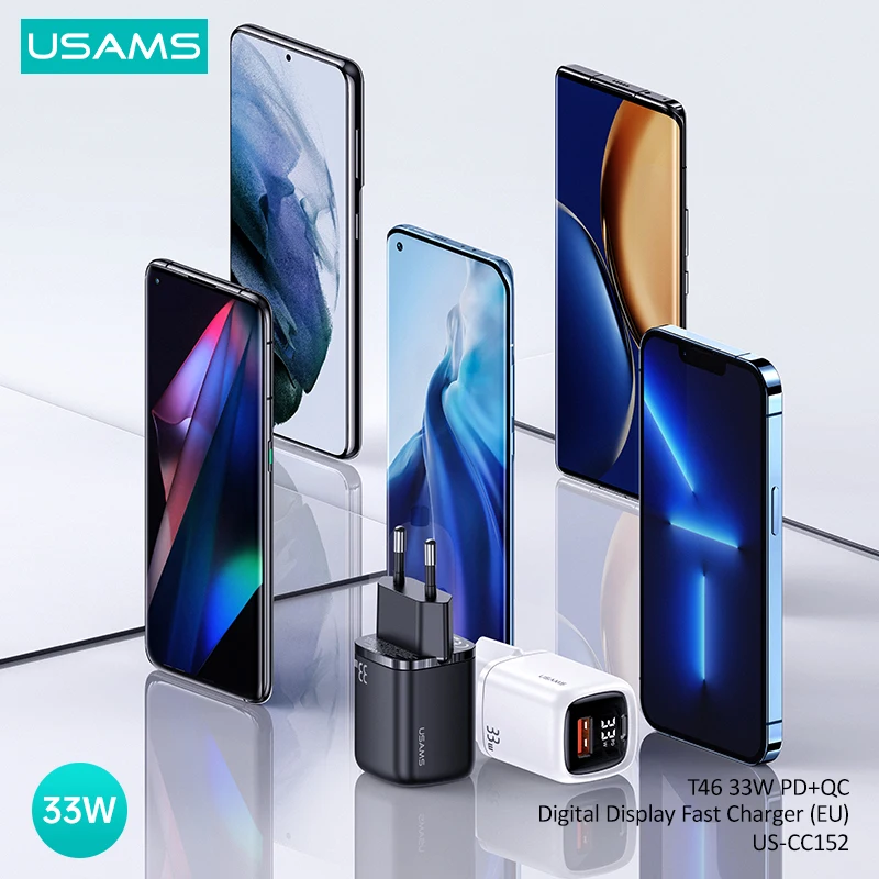 USAMS QC PD 33 Вт Быстрое зарядное устройство с цифровым дисплеем для iPhone Samsung Huawei
