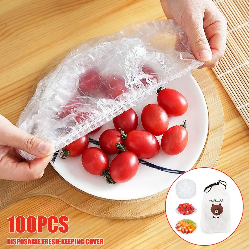 

100Pcs Food Cover Plastic Fresh Keeping Saver Bag Bowl Cover Saran Food Lids Wrap Elastic Storage Cover Dust Covers Food Kitchen