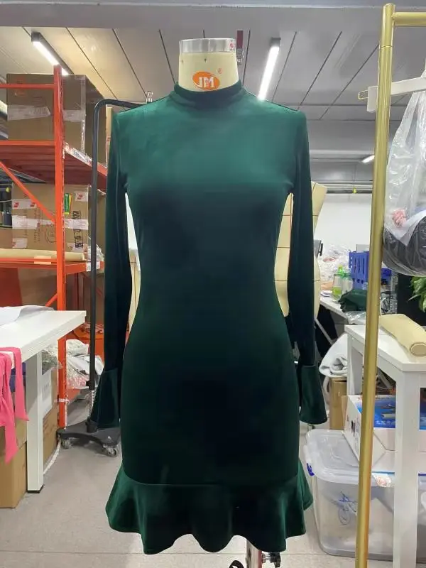 

Basic velvet dress Mini bodycon long sleeve slim ruffle dress Spring 2021 dark green women clothes
