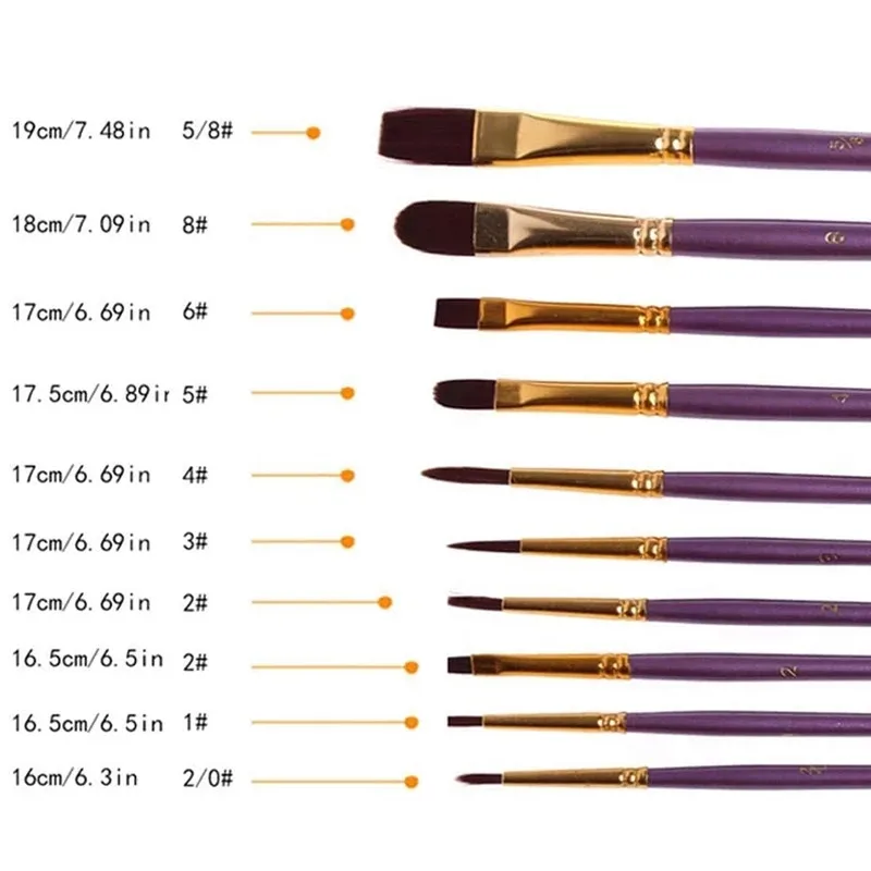 10Pcs Paint Brushes Set Nylon Hair Painting Brush Short Rod Oil Acrylic Gouache Watercolor Pen Professional Art Supplies | Канцтовары