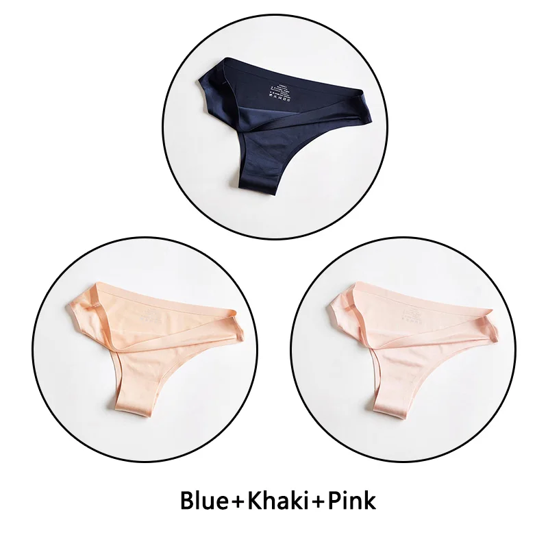 Blue Khaki Pink 3 шт./партия, бесшовное женское нижнее белье, мягкие шелковые трусы, сексуальное женское белье, одноцветные трусы M-3XL трусы большого размера - Цвет: Blue Khaki Pink