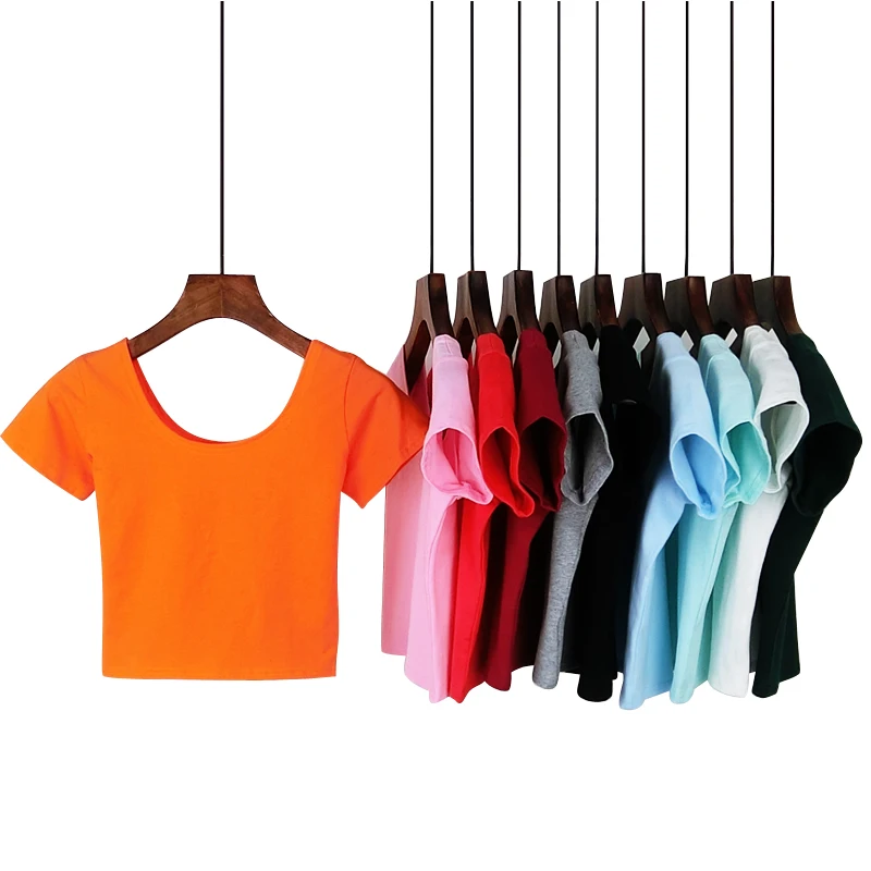 Кроп-Топ женский однотонный из хлопка с круглым вырезом 14 цветов