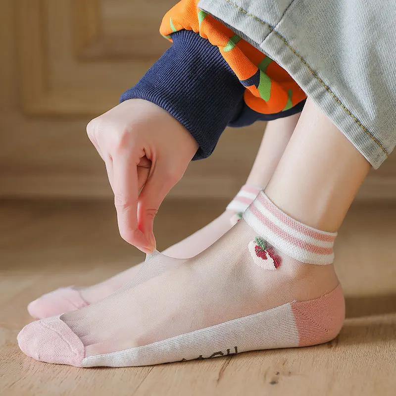 

Summer Women Fruit Print Glass Silk Socks Ultrathin Breathable Ankle Socks Comfortable Fashion Transparent Korea Style Socks