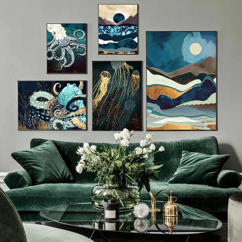 

Diamond Painting Diy 5D European Acrylic Painting Ocean Big Octopus and Jellyfish Pattern Background Living Room Furniture Wall