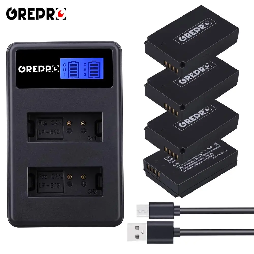 

4Pcs LP-E12 LPE12 Battery + LCD USB LP E12 Charger for Canon EOS M M10 M50 M100 Rebel SL1 100D Kiss X7