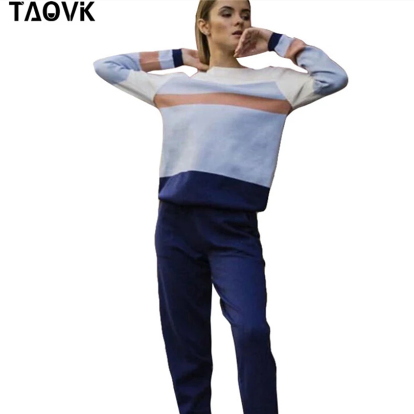 TAOVK, удобный женский свитер, костюмы, вязаный спортивный костюм, многоцветные, с вырезами и шитьем, джемпер, пуловеры+ штаны, комплект из двух предметов, наряды