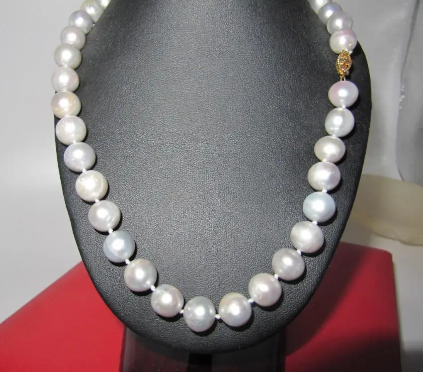 18inch Classic 9-10mm AAA+ South Sea White Pearls Necklace 925silver Gold Clasp
