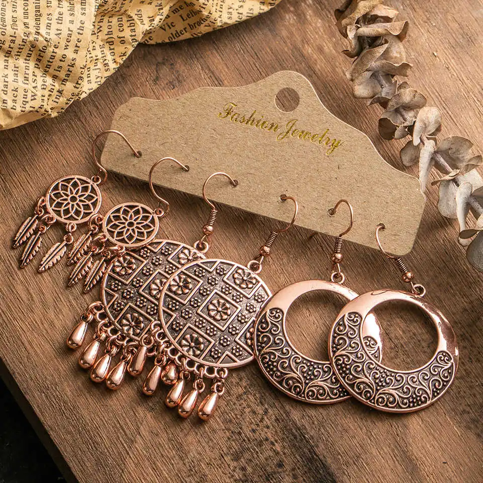 

Charming Ethnic Boho Bohemian Vintage Rose Golden 3pcs Earrings Set For Women Female's Ear Ornaments Wedding Party Accessories