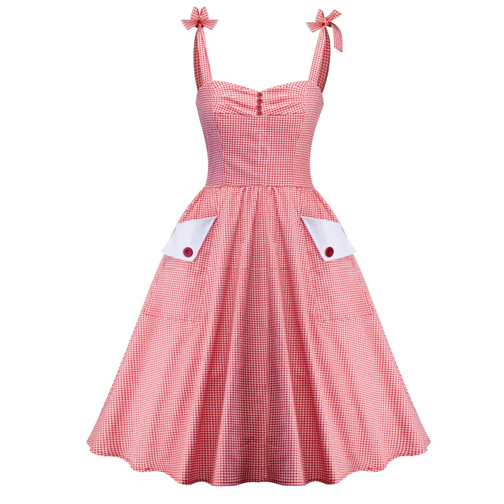 Женское винтажное платье ретро в клетку красное Хлопковое на тонких бретельках