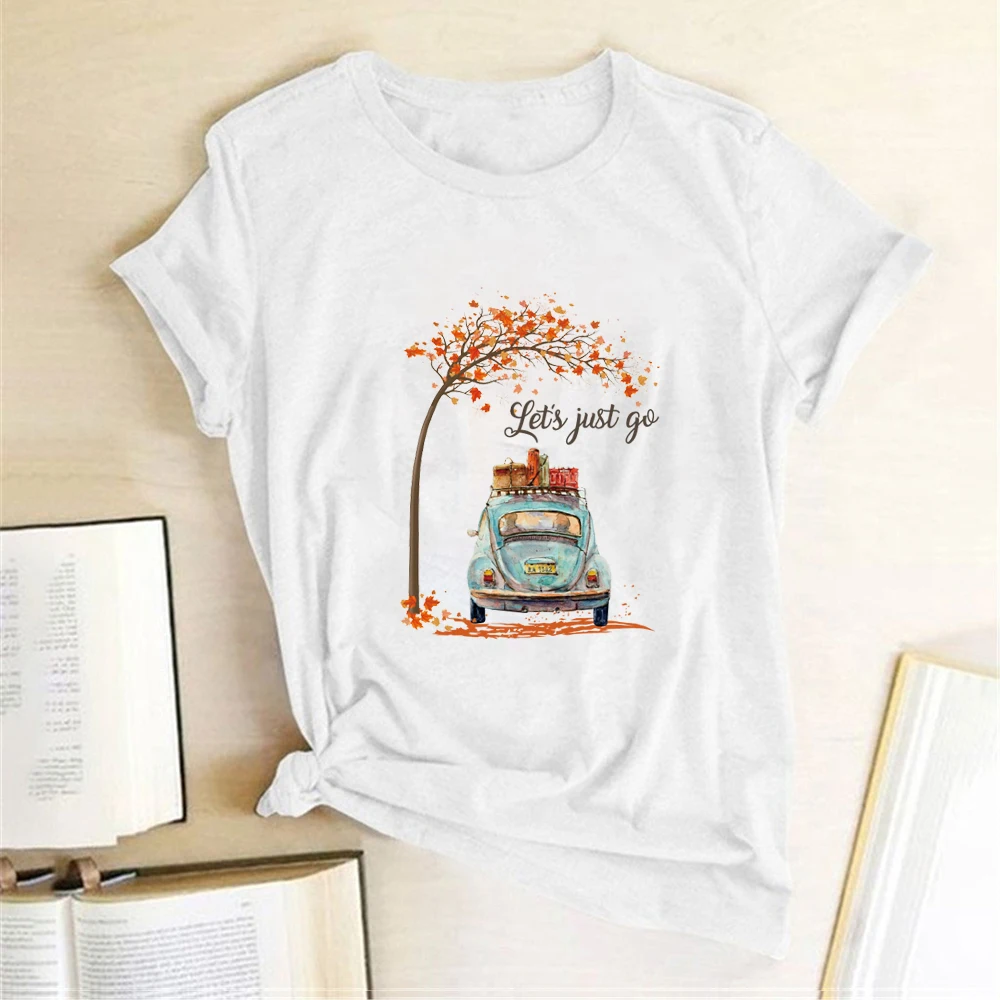 

Car Maple Let's Just Go Print T-shirts Women Summer Graphic Tee Loose T Shirt Women Harajuku Aesthetic Clothes Travelism
