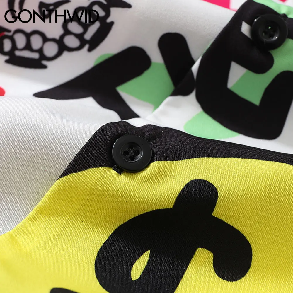 

GONTHWID Hawaiian Shirts Hip Hop Graffiti Smile Face Print Short Sleeve Holiday Party Beach Shirt Streetwear Fashion Button Tops