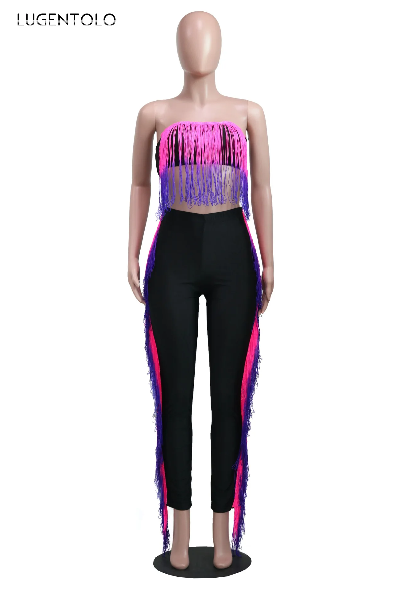 

Lugentolo 2 Piece Set Women Fashion Sexy Backless Gradient Color Tassled Strapless Bra Tops Slim Pencil Pants Nightclub Sets