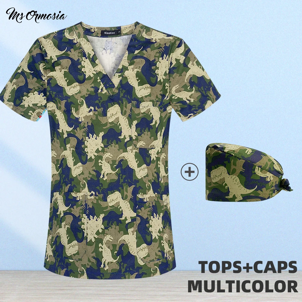 

Scrubs Tops Multicolor V-Neck Pet Beauty Salon Uniform Spa Uniform Shirt Print Scrub Tops 100%Cotton Health Workers Wear Clothes