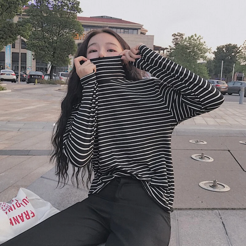 Black White Striped Long Sleeve Tshirts Women Loose T-shirt Fashion Korean Style School Students Females | Женская одежда