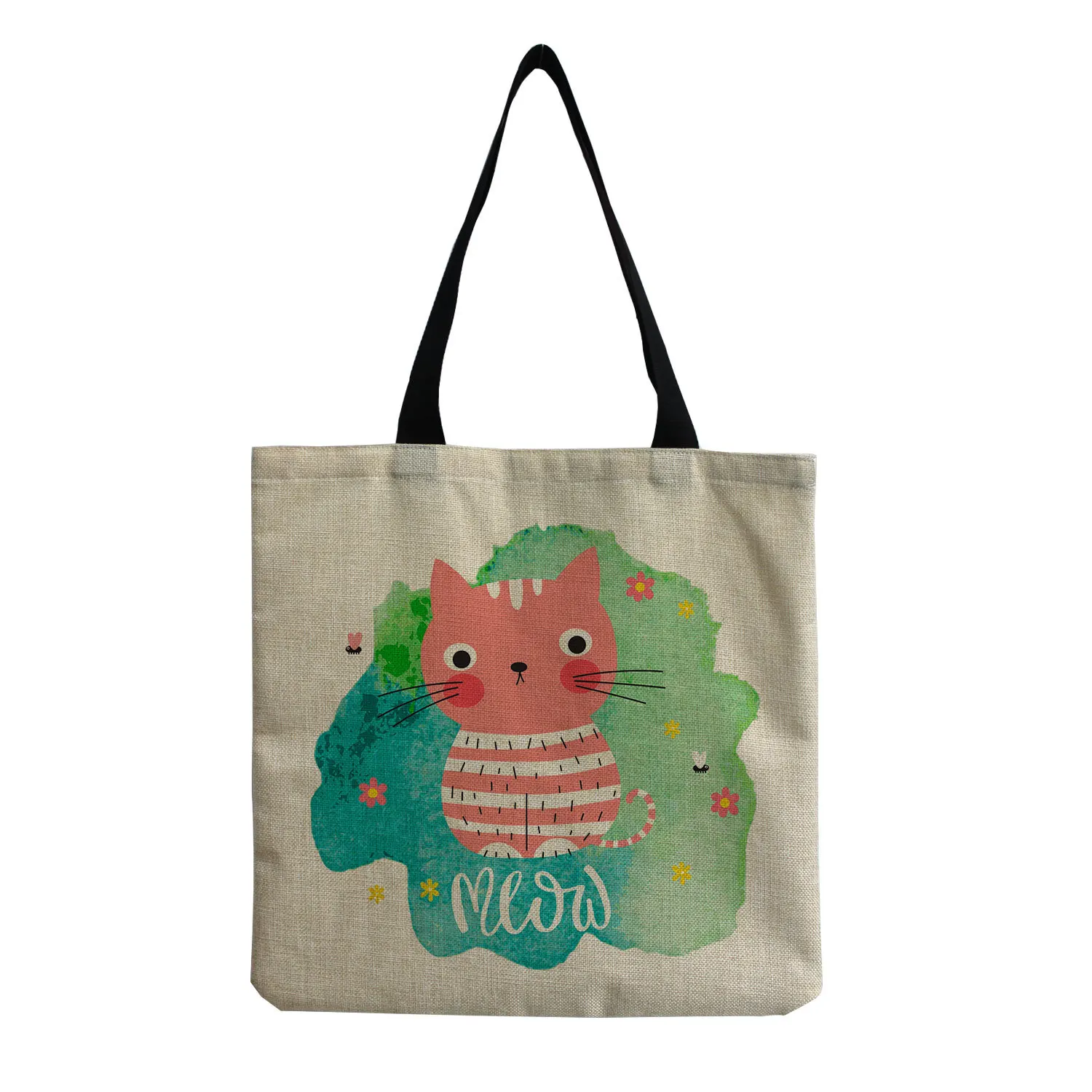 

Cute Cat Printed Casual Tote Shopping Bag For Women Girl Linen Fabric Reusable Outdoor Beach Shoulder Bag Casual Tote Handbag