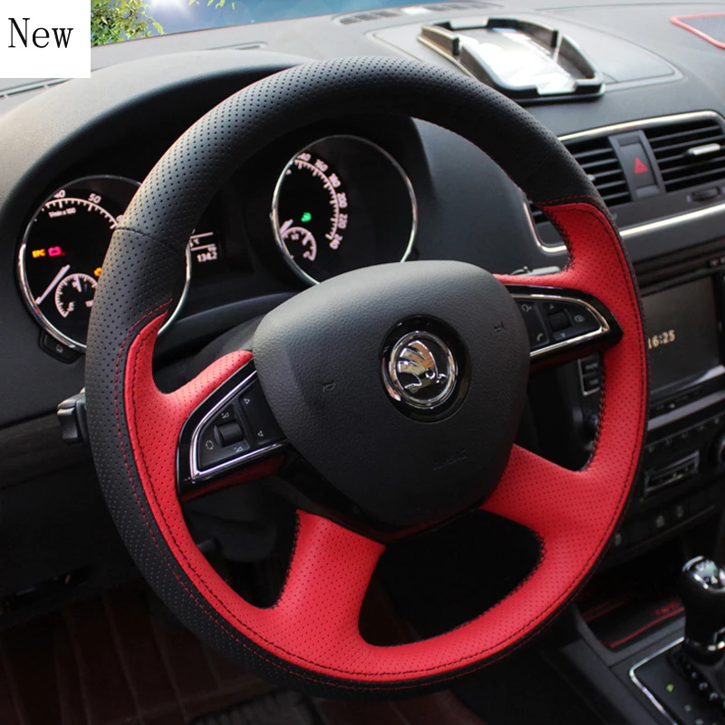 

for Skoda SUPERB Octavia Superb Yeti 18 Kodiaq DIY Leather Hand-sewn Steering Wheel Cover Non-slip and Breathable Auto Parts