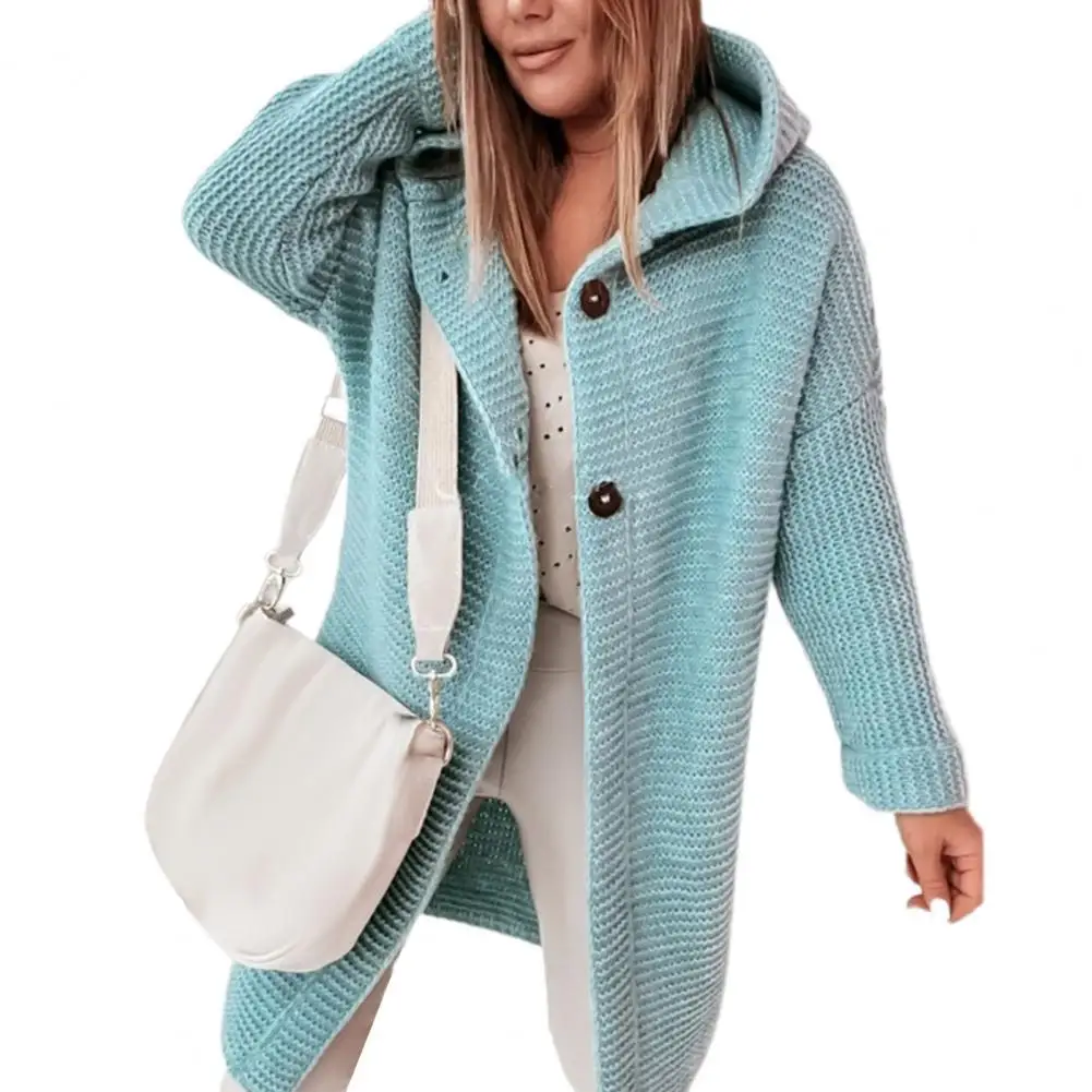 Women Cardigan Knitted Sweater Solid Color Long Sleeve Autumn Winter Two Buttons Ladies Hooded Sweater Coat Outerwear