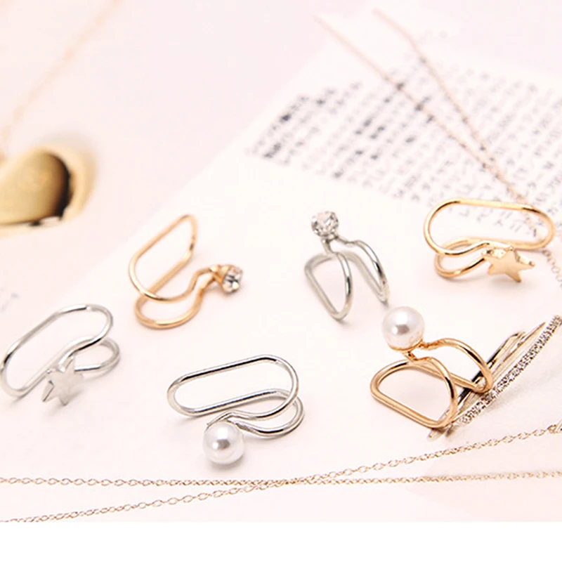 

Fashion Ear Cuff Gold Star Pearl Non-Piercing Ear Clips Fake Cartilage Earring Jewelry For Women Men