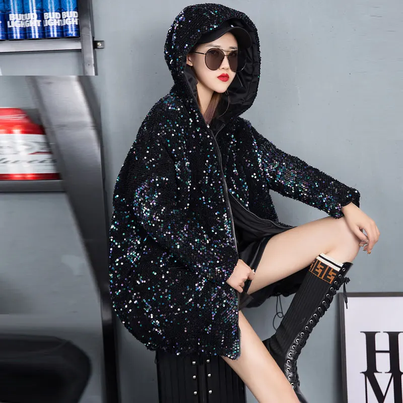 2022 Winter  Cotton Coat Women Sequins Long-sleeved Parka Jjacket Fashion Hooded Thick Warm Long Coat Streetwear 292