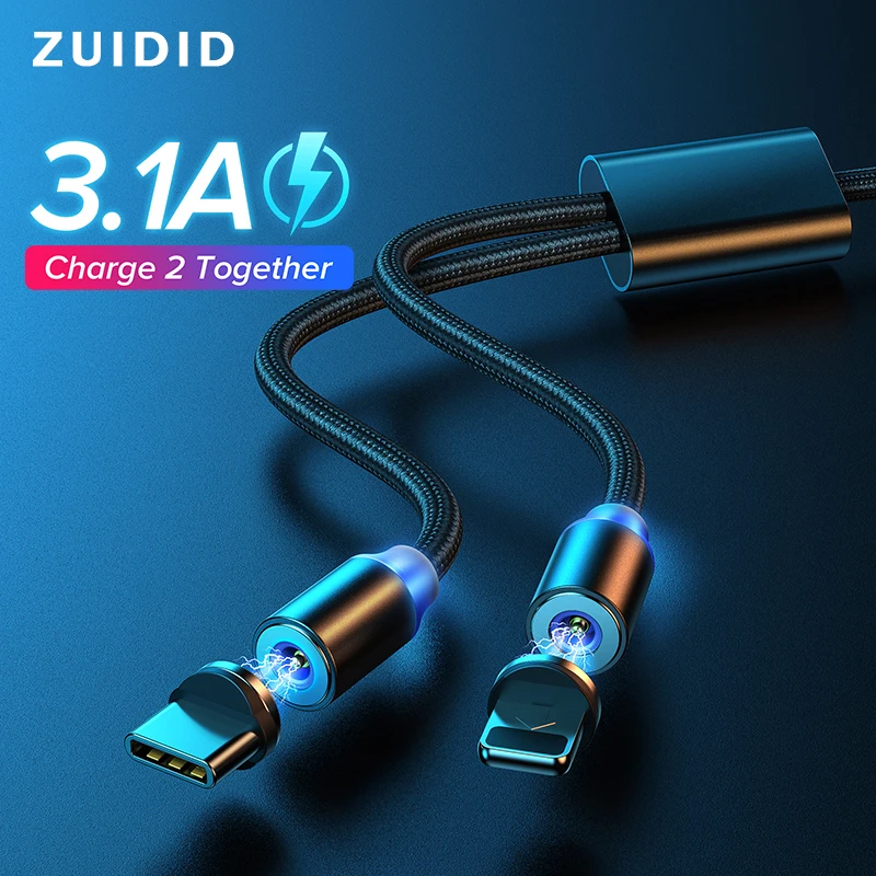 

Magnetic 2 In 1 USB Cable 3.1A Micro USB Type C 8 Pin Charger Wire LED Smartphone Fast Charging Cord For iPhone 13 12 Xiaomi 11