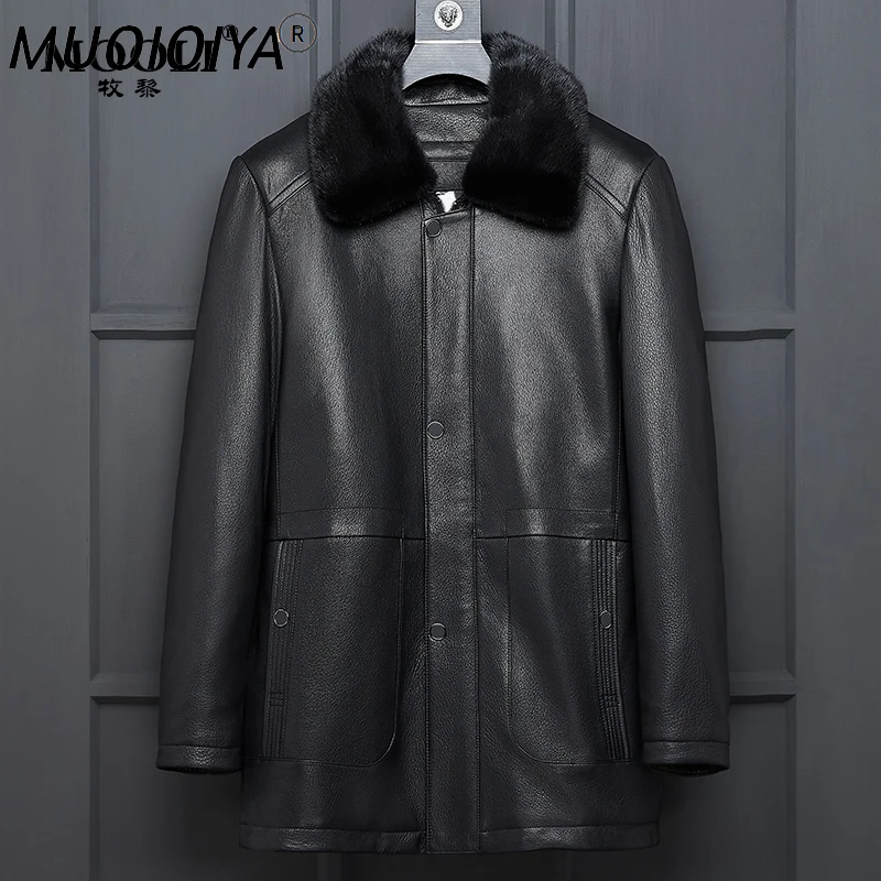 

MUOIOYIA 100% Deerskin Leather Jacket Men Clothing Winter Jackets for Mens Genuine Cross Mink Fur Coat Chaquetas Hombre LXR827