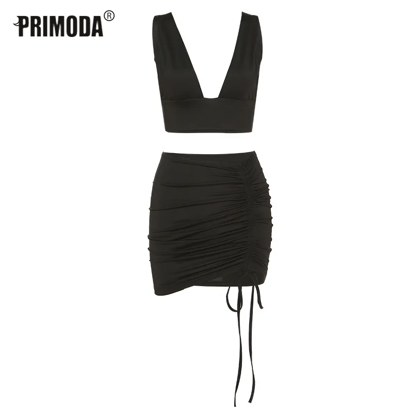

Women 2 Pieces Sets Sexy Party Elegant Wrinkle New Summer Set One Shoulder Spaghetti Strap Crop Top Mini Skirt Suit Club PR2578G