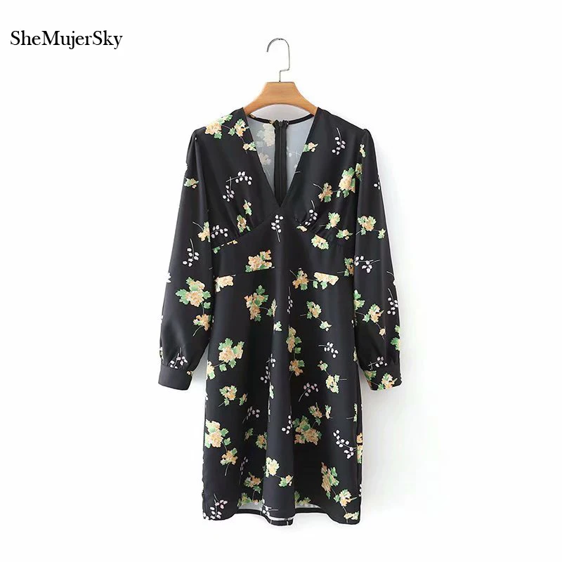 

Весеннее черное платье SheMujerSky с цветочным принтом, женские повседневные платья с V-образным вырезом и длинным рукавом, осеннее платье 2021, Jurken