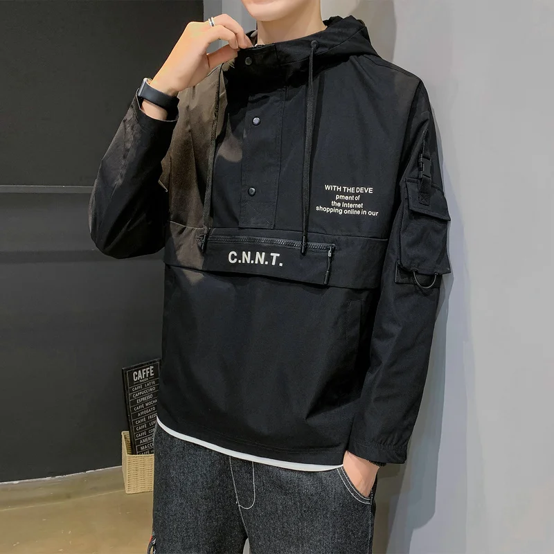 Мужская осенняя куртка с капюшоном корейский стиль черный хаки желтый размер M-5XL
